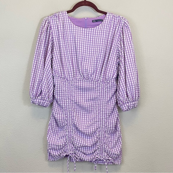 ZARA Purple Gingham Puff Sleeve Rushed Mini Dress Size Small BLOGGERS FAV - Picture 5 of 15